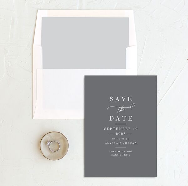 Elegant Calligraphy Save The Date Cards envelope-and-liner in Silver