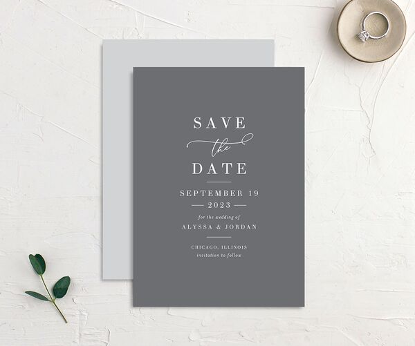 Elegant Calligraphy Save The Date Cards front-and-back in Silver