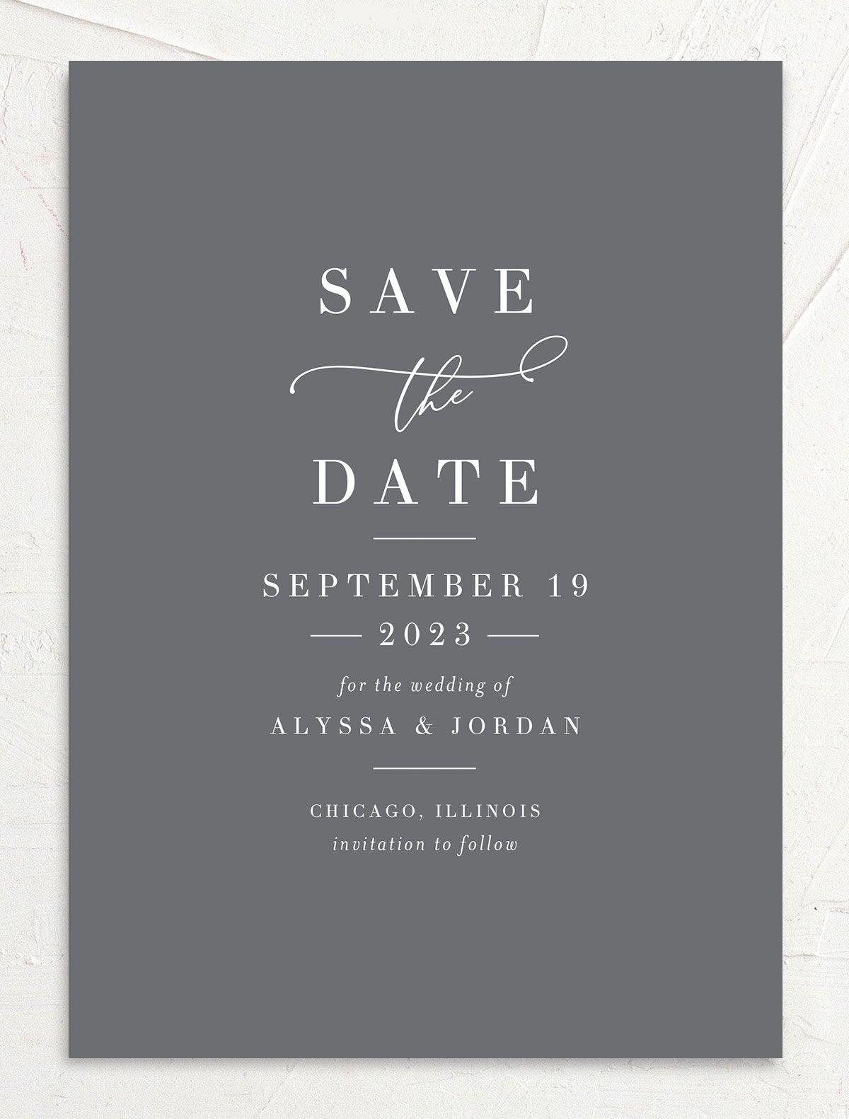 Elegant Calligraphy Save The Date Cards front in Silver