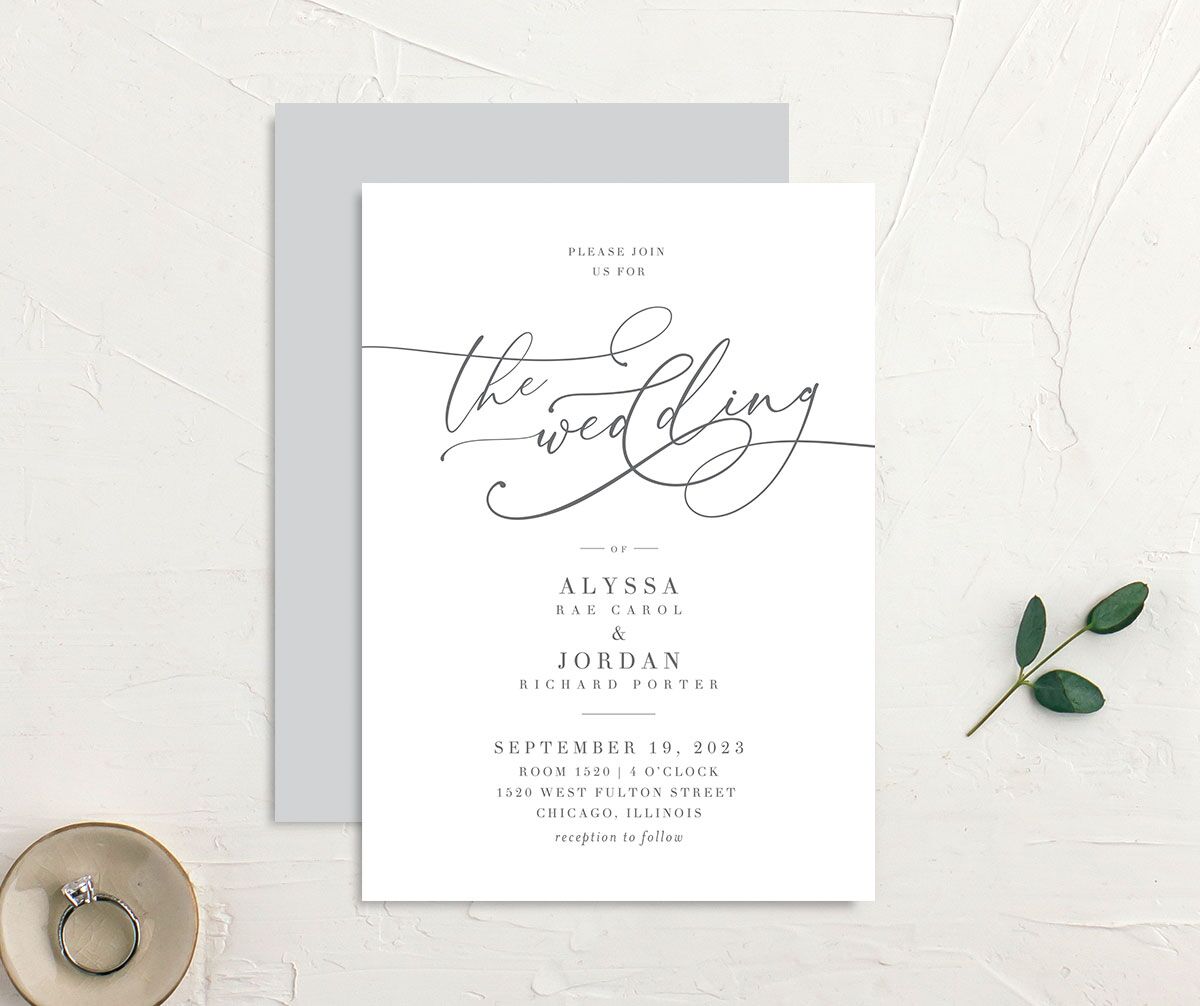 Elegant Calligraphy Wedding Invitations front-and-back in Silver