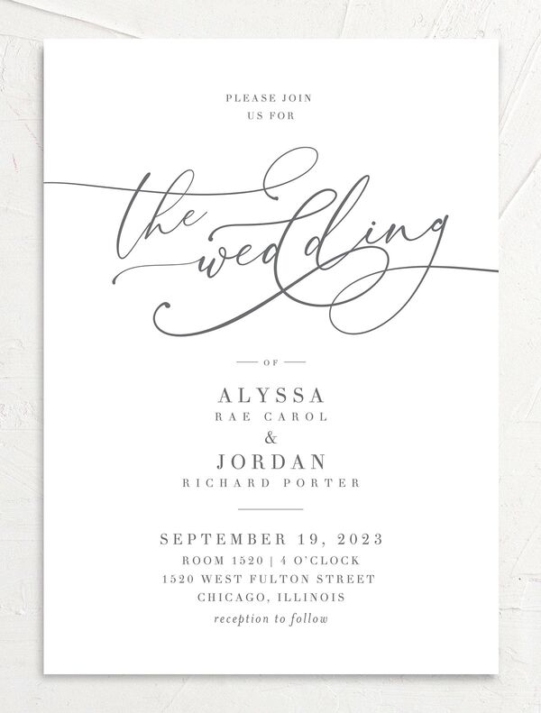 Elegant Calligraphy Wedding Invitations front in Silver
