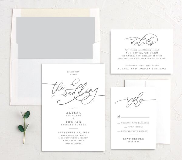 Elegant Calligraphy Wedding Invitations suite in Silver