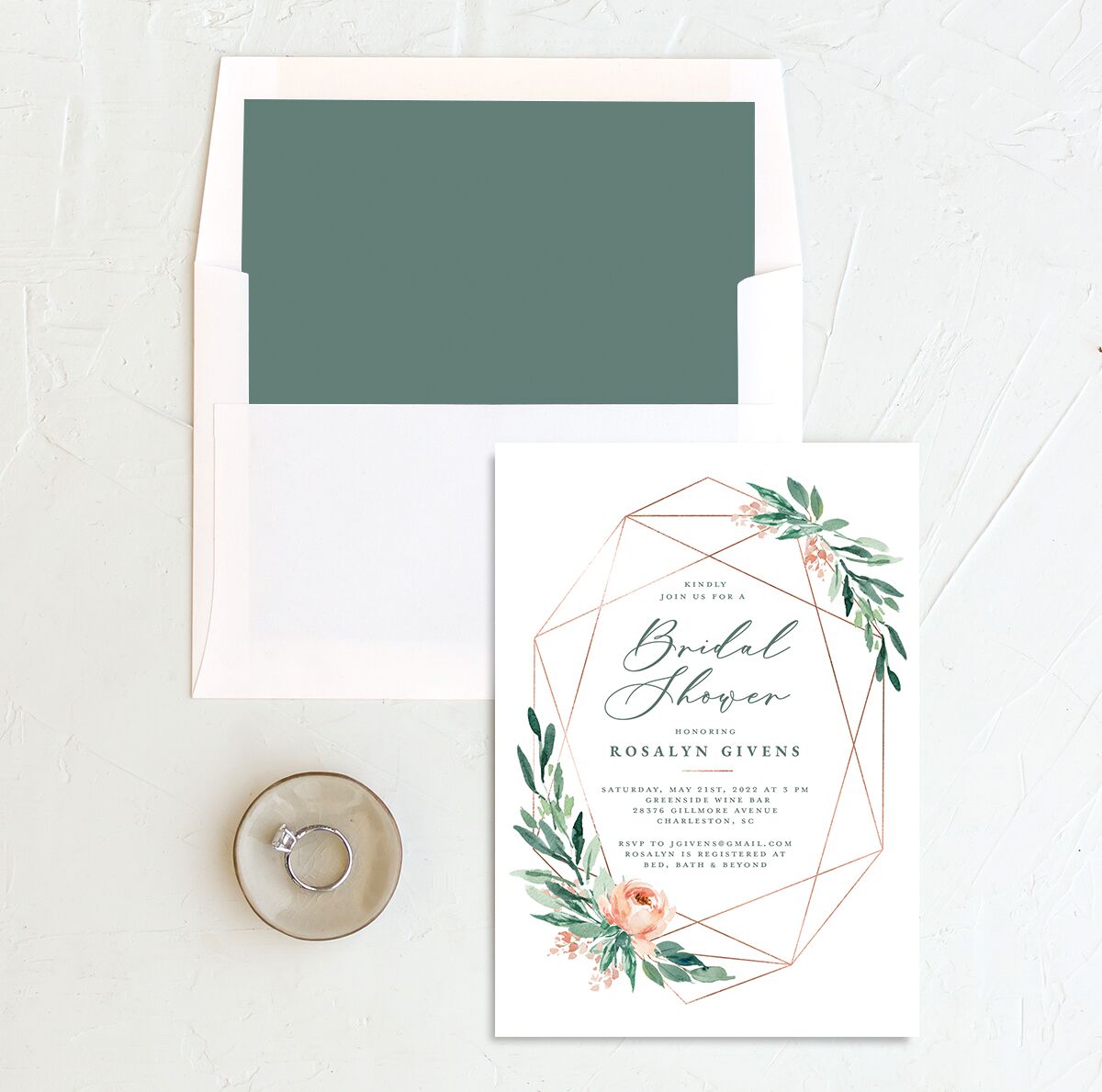 Geometric Floral Bridal Shower Invitations envelope-and-liner in Jewel Green