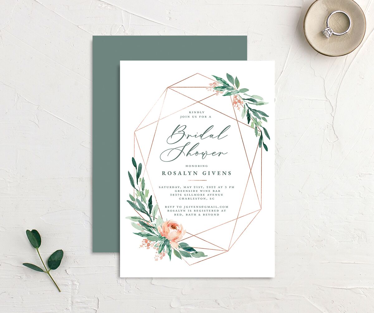 Geometric Floral Bridal Shower Invitations front-and-back in Jewel Green