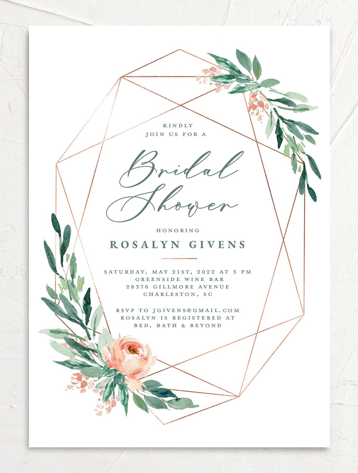 Geometric Floral Bridal Shower Invitations front in Jewel Green