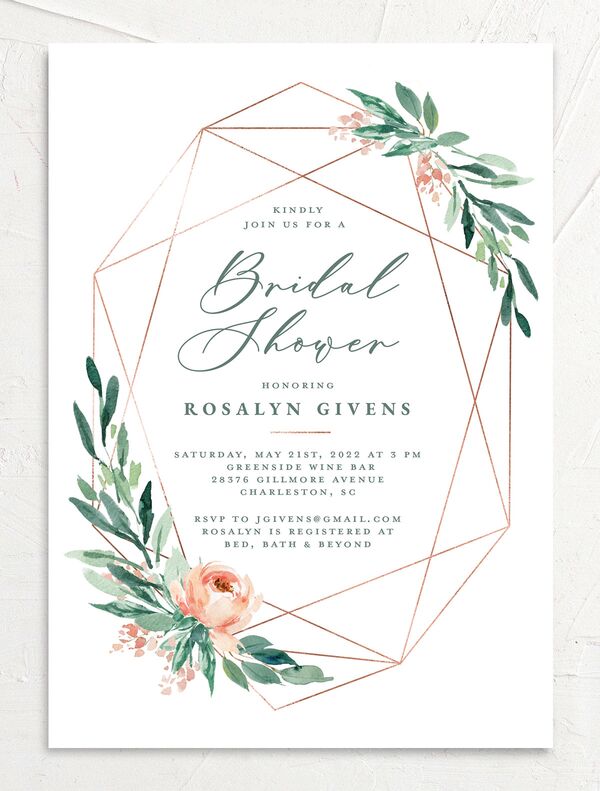Geometric Floral Bridal Shower Invitations front in Jewel Green