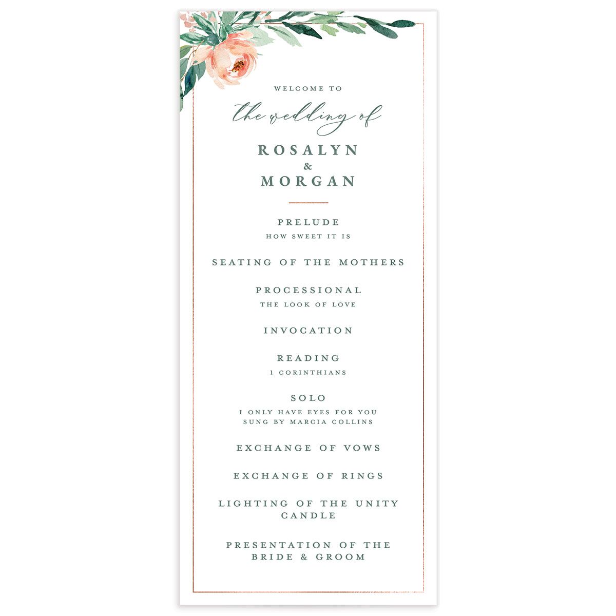 Geometric Floral Wedding Programs front in Jewel Green