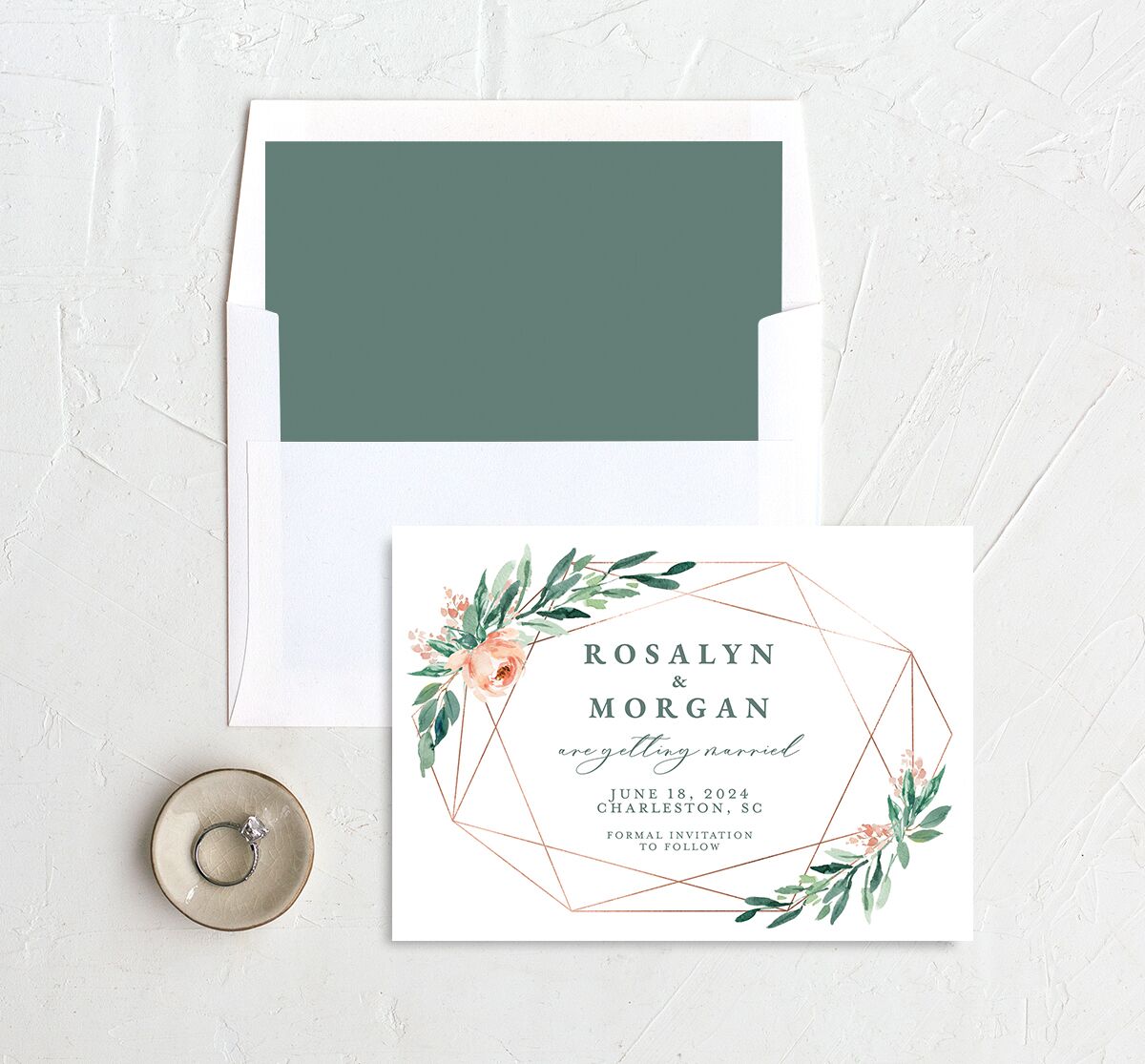 Geometric Floral Save the Date Cards envelope-and-liner in Jewel Green