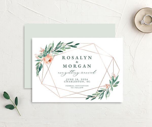 Geometric Floral Save the Date Cards front-and-back in Jewel Green