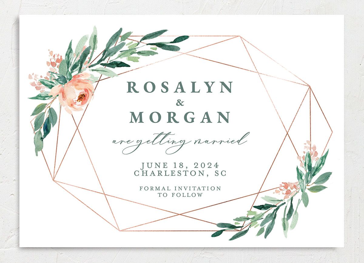 Geometric Floral Save the Date Cards front in Jewel Green