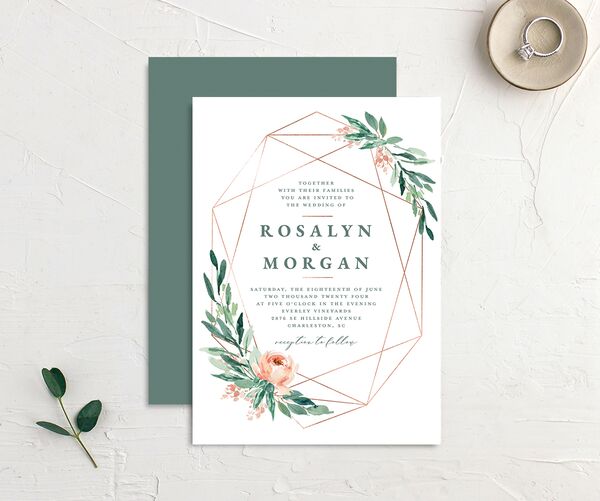 Geometric Floral Wedding Invitations front-and-back in Jewel Green