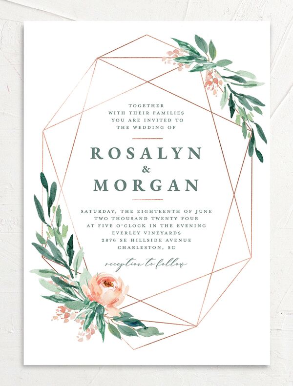 Geometric Floral Wedding Invitations front in Jewel Green
