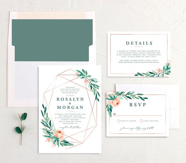 Geometric Floral Wedding Invitations suite in Jewel Green