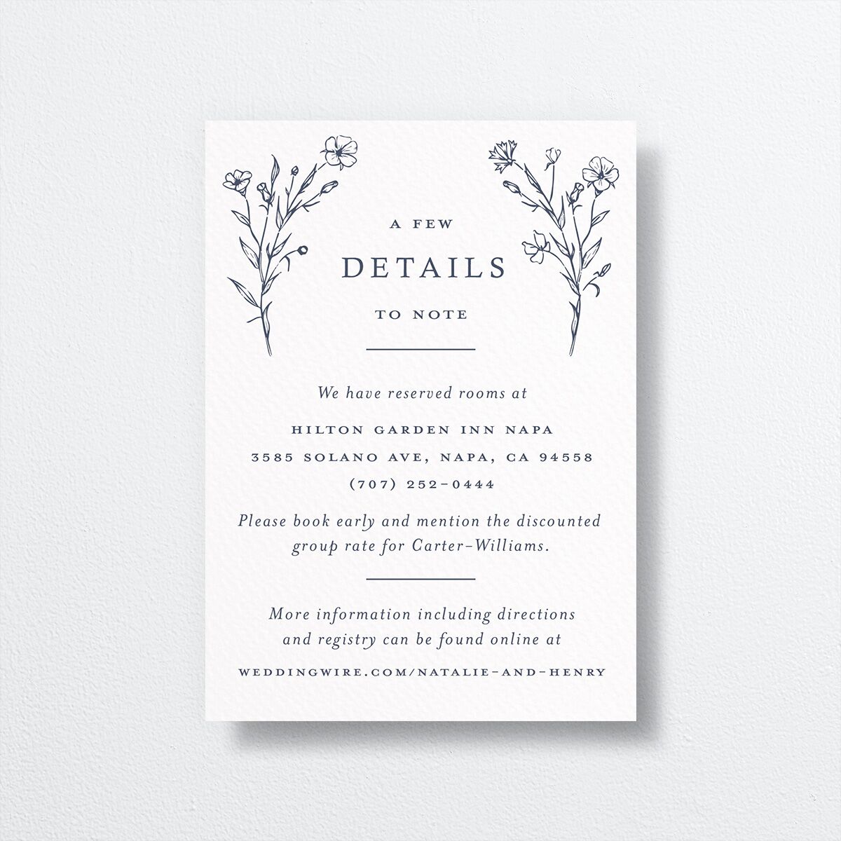 Illustrated Floral Wedding Enclosure Cards front in French Blue