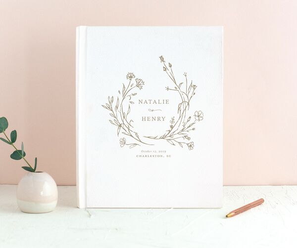 Illustrated Floral Wedding Guest Book front in Walnut