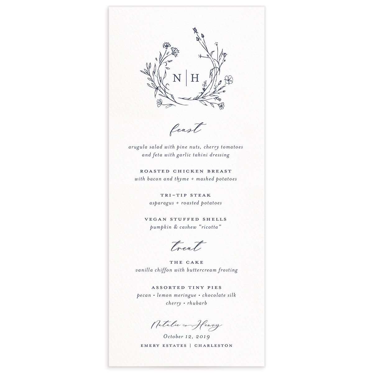 Illustrated Floral Menus front in French Blue