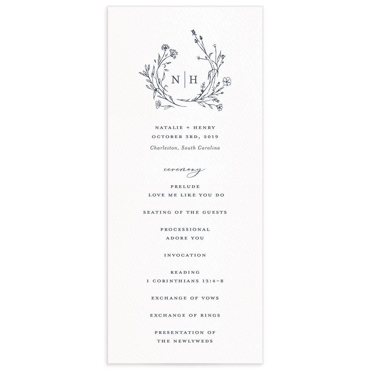 Illustrated Floral Wedding Programs front in French Blue