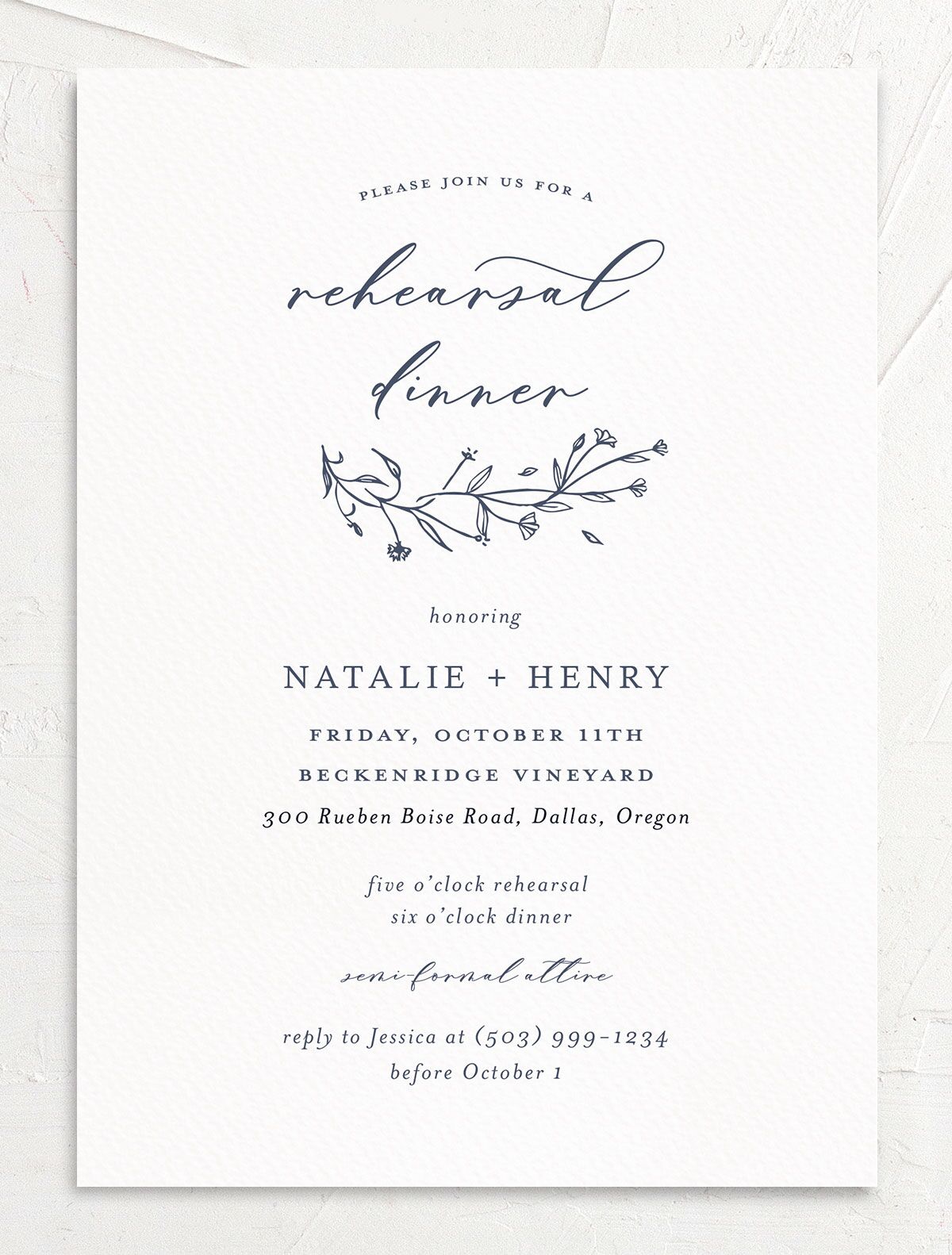 Illustrated Floral Rehearsal Dinner Invitations front in French Blue