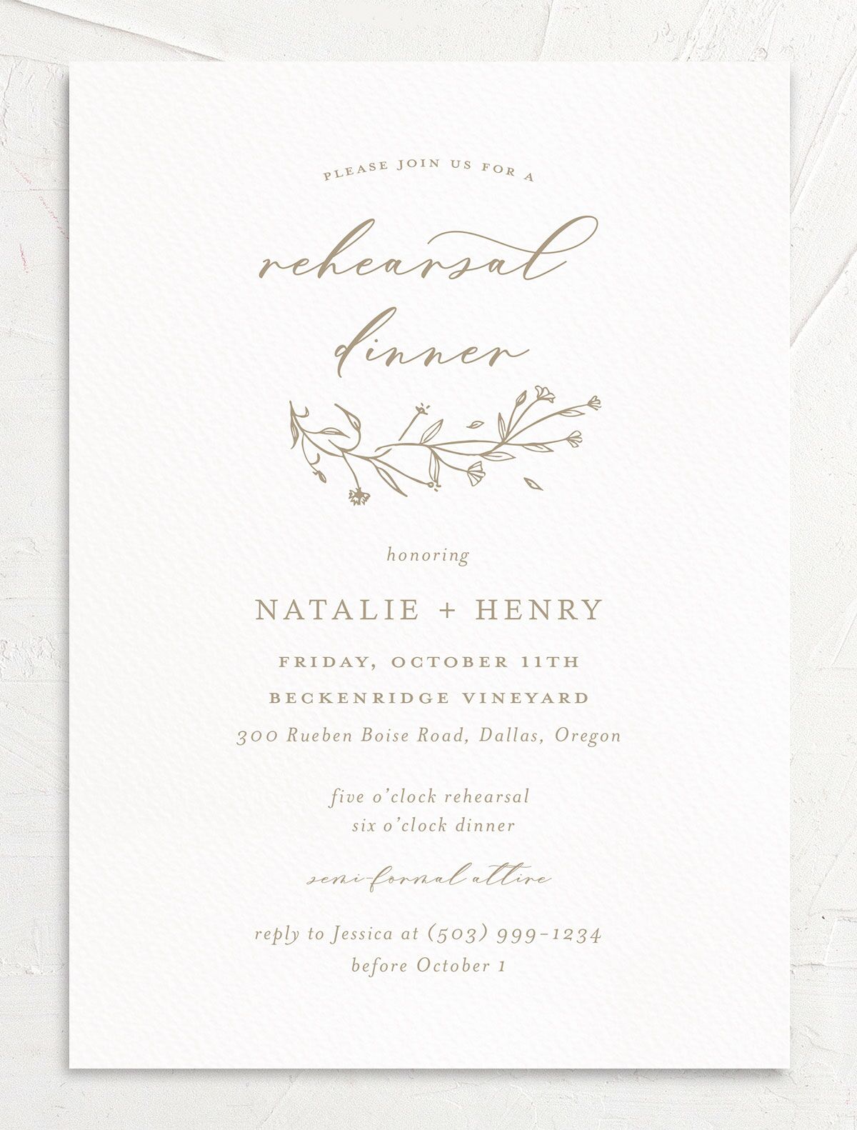 Illustrated Floral Rehearsal Dinner Invitations front in Walnut