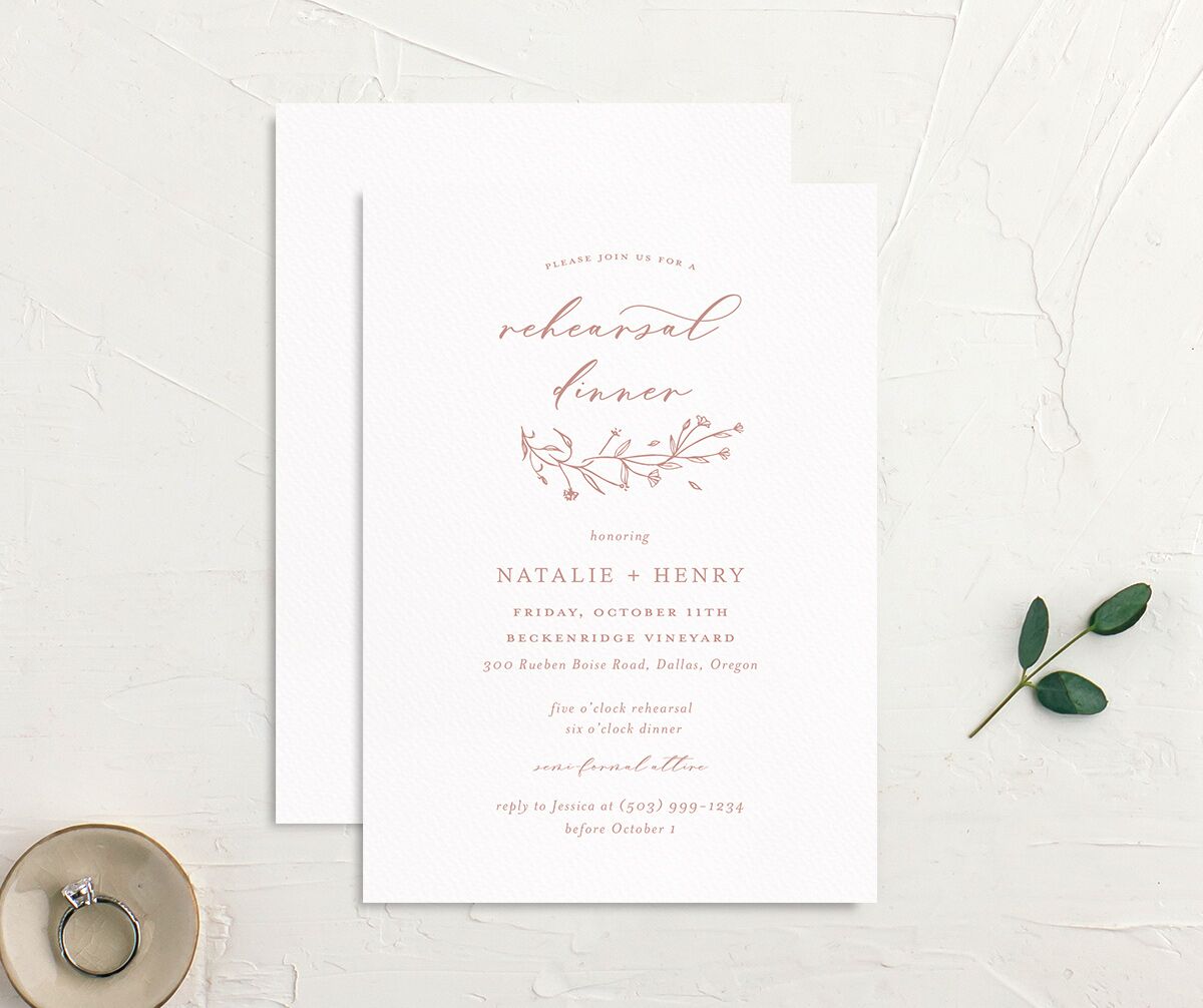 Illustrated Floral Rehearsal Dinner Invitations front-and-back in Rose Pink