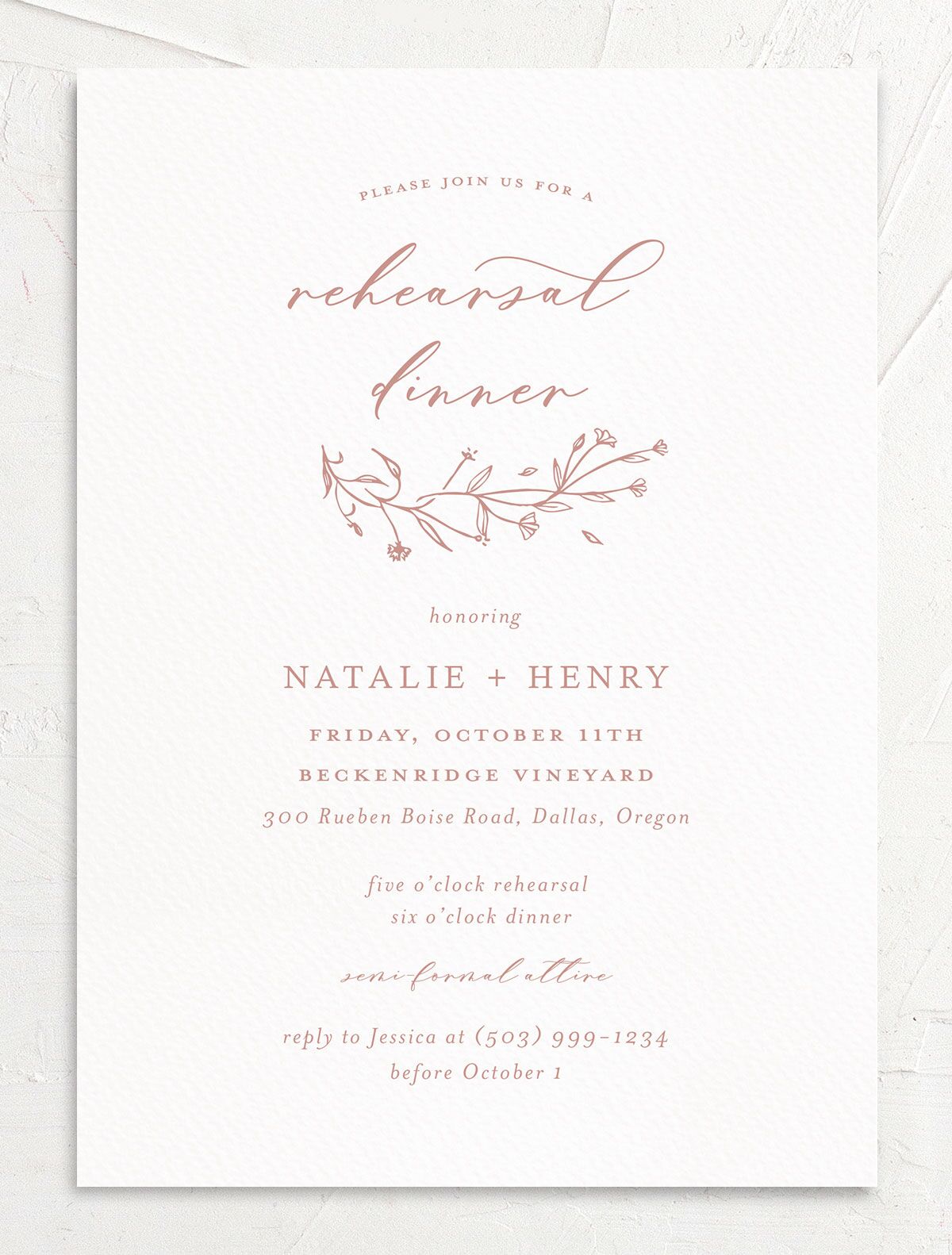 Illustrated Floral Rehearsal Dinner Invitations front in Rose Pink