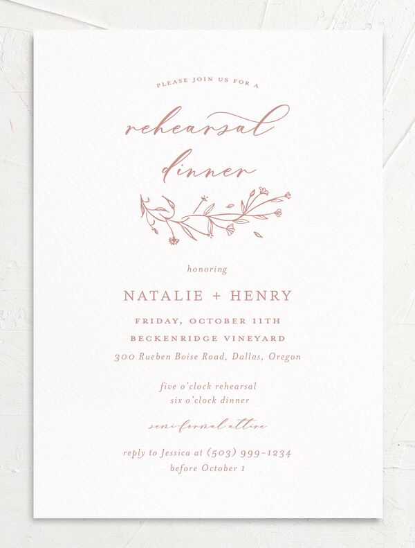 Illustrated Floral Rehearsal Dinner Invitations front in Rose Pink