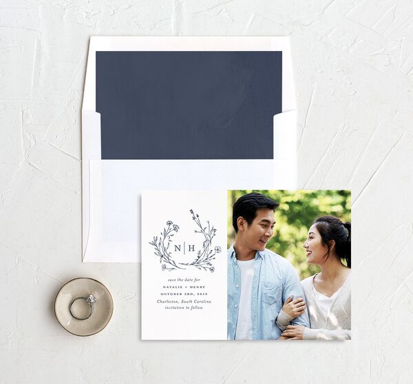 Illustrated Floral Save the Date Cards envelope-and-liner in French Blue