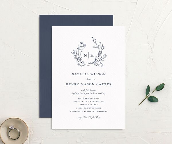 Illustrated Floral Wedding Invitations front-and-back in French Blue