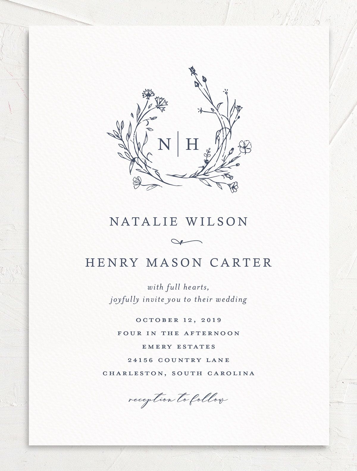 Illustrated Floral Wedding Invitations front in French Blue