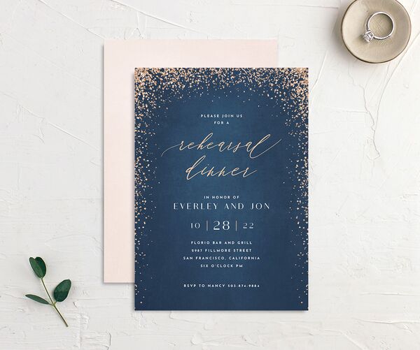 Elegant Glamour Rehearsal Dinner Invitations front-and-back in French Blue