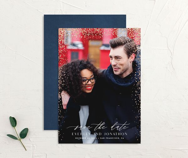 Elegant Glamour Save the Date Cards front-and-back in French Blue