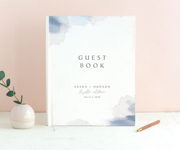Painted Brushstroke Wedding Guest Book front in French Blue