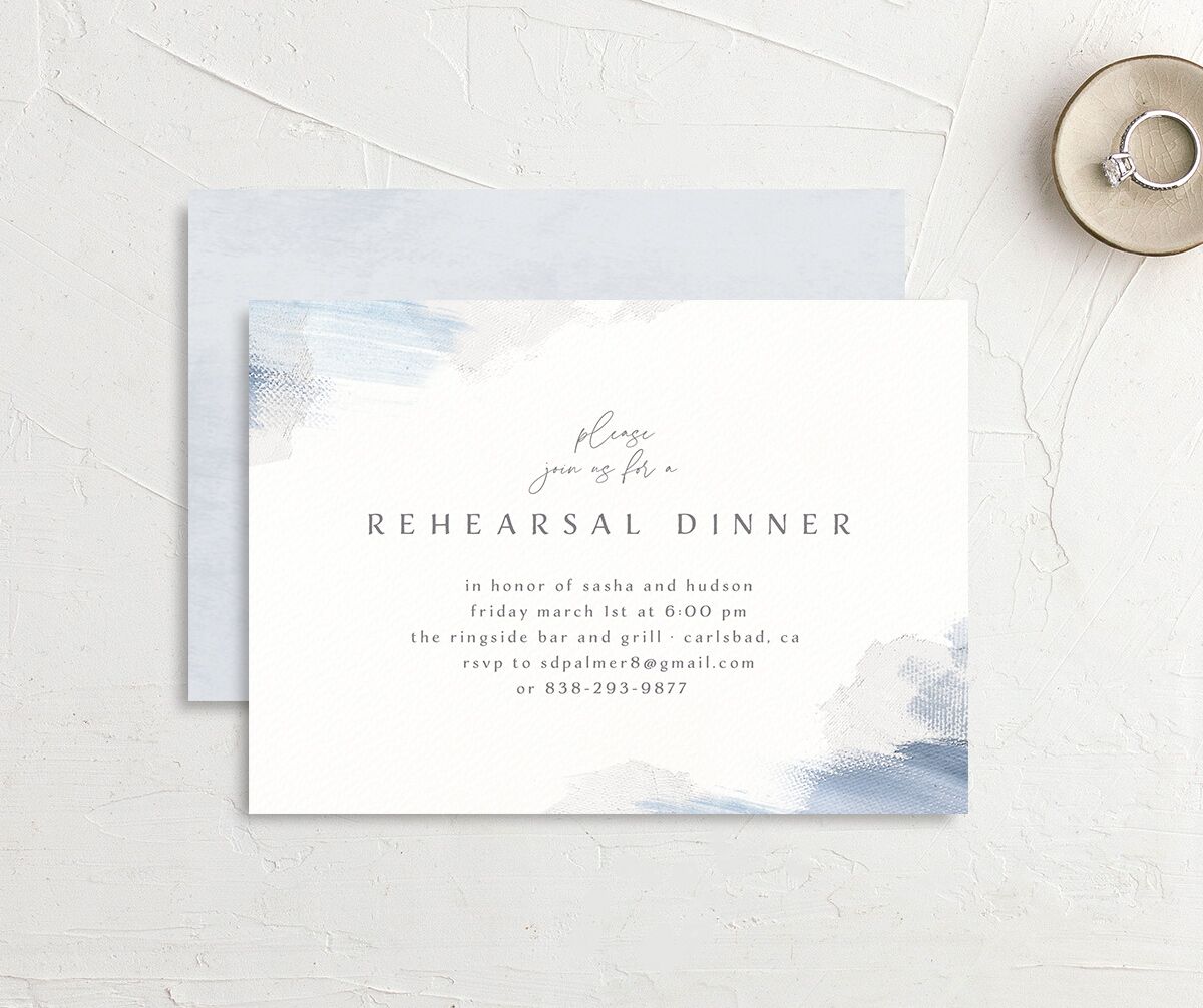 Painted Brushstroke Rehearsal Dinner Invitations front-and-back in Blue
