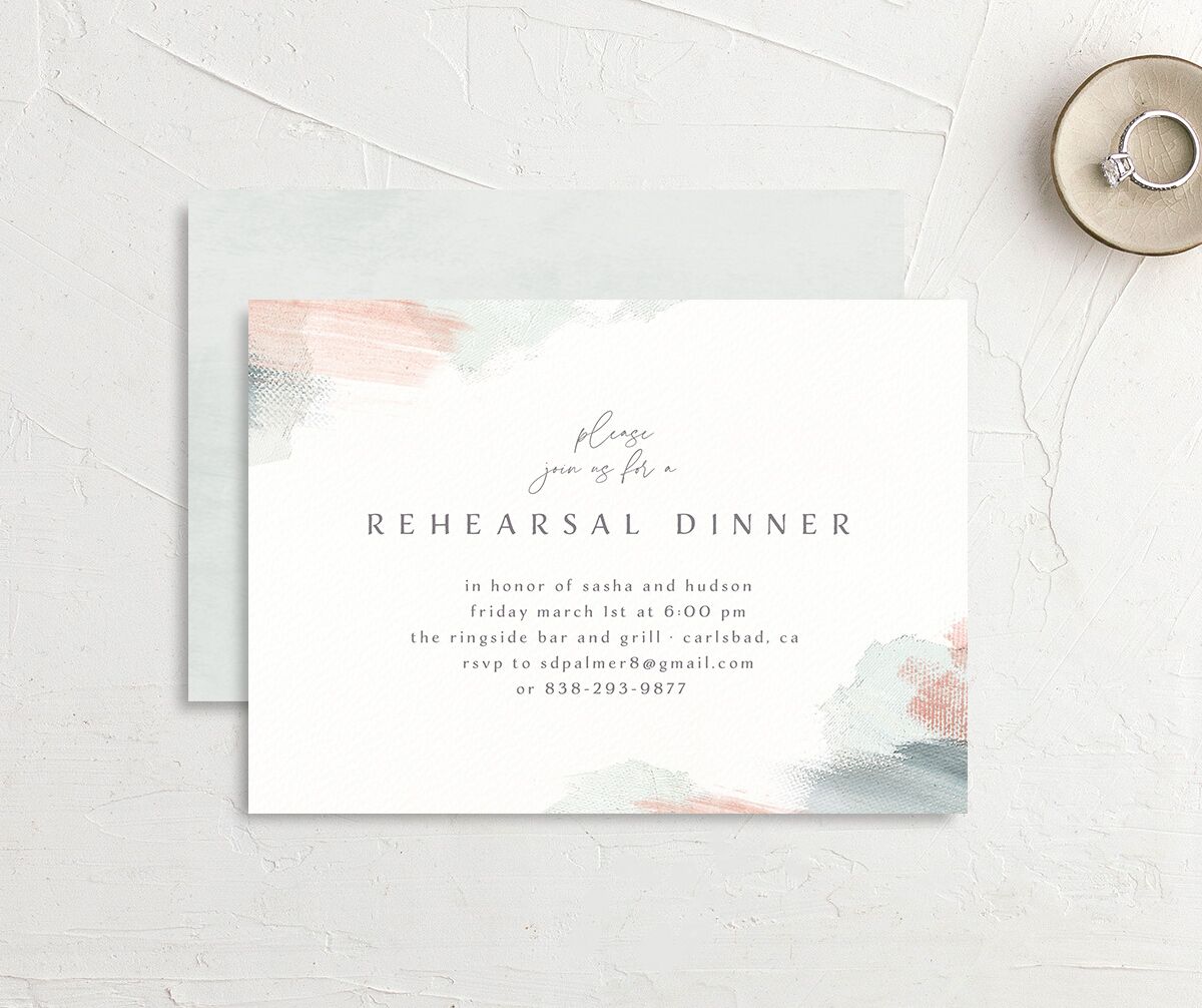 Painted Brushstroke Rehearsal Dinner Invitations front-and-back in Jewel Green