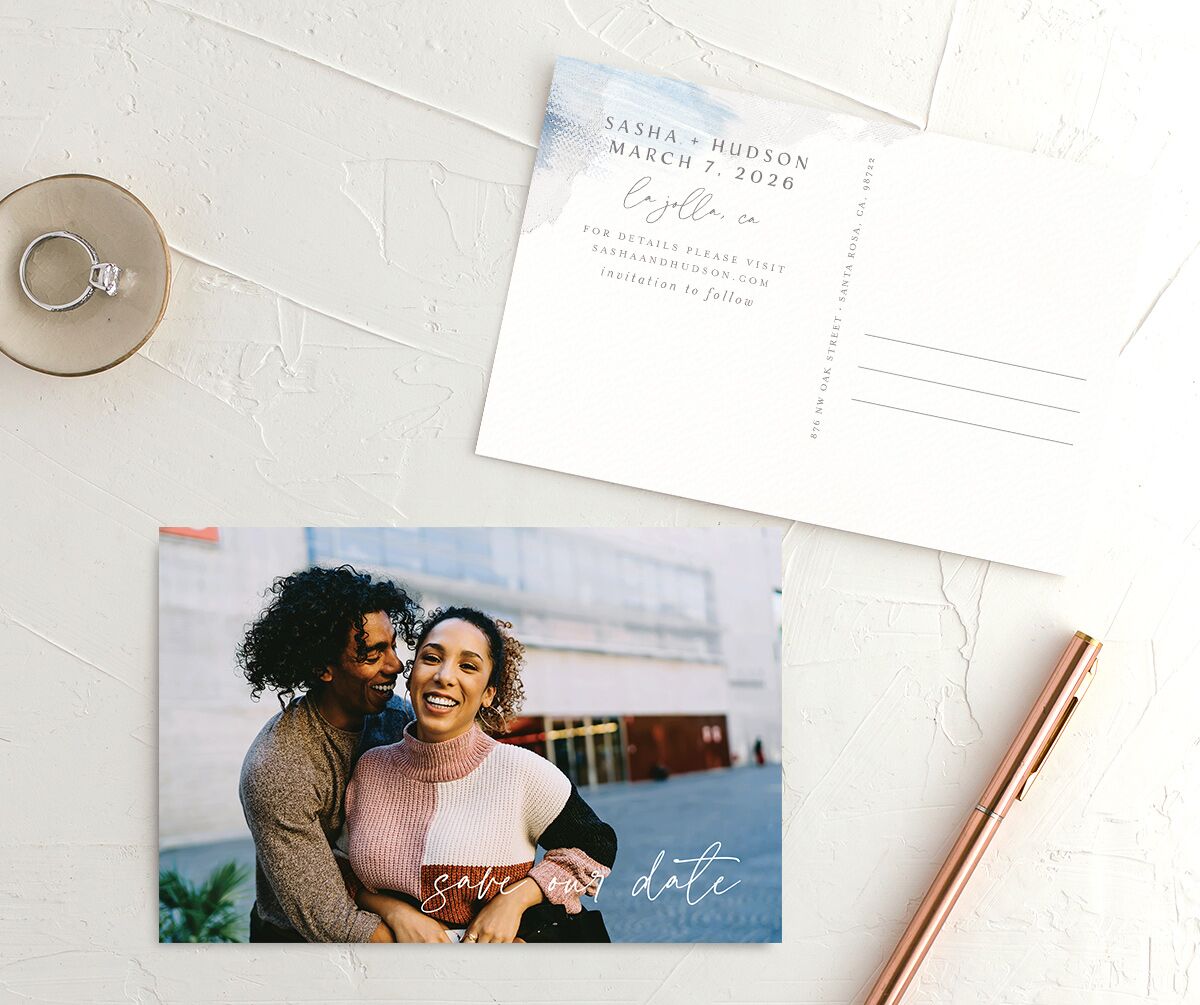 Painted Brushstroke Save the Date Postcards front-and-back in French Blue