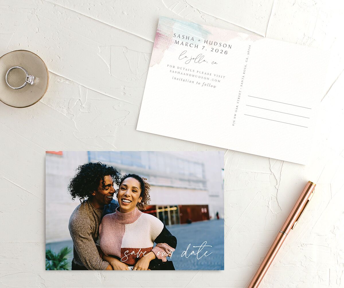 Painted Brushstroke Save the Date Postcards front-and-back in Rose Pink