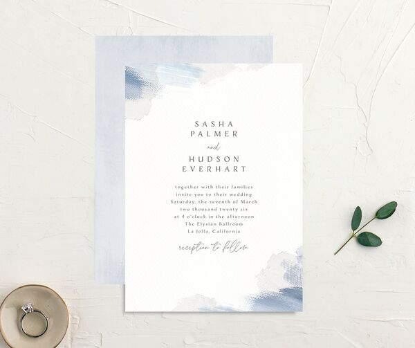 Painted Brushstroke Wedding Invitations front-and-back in French Blue