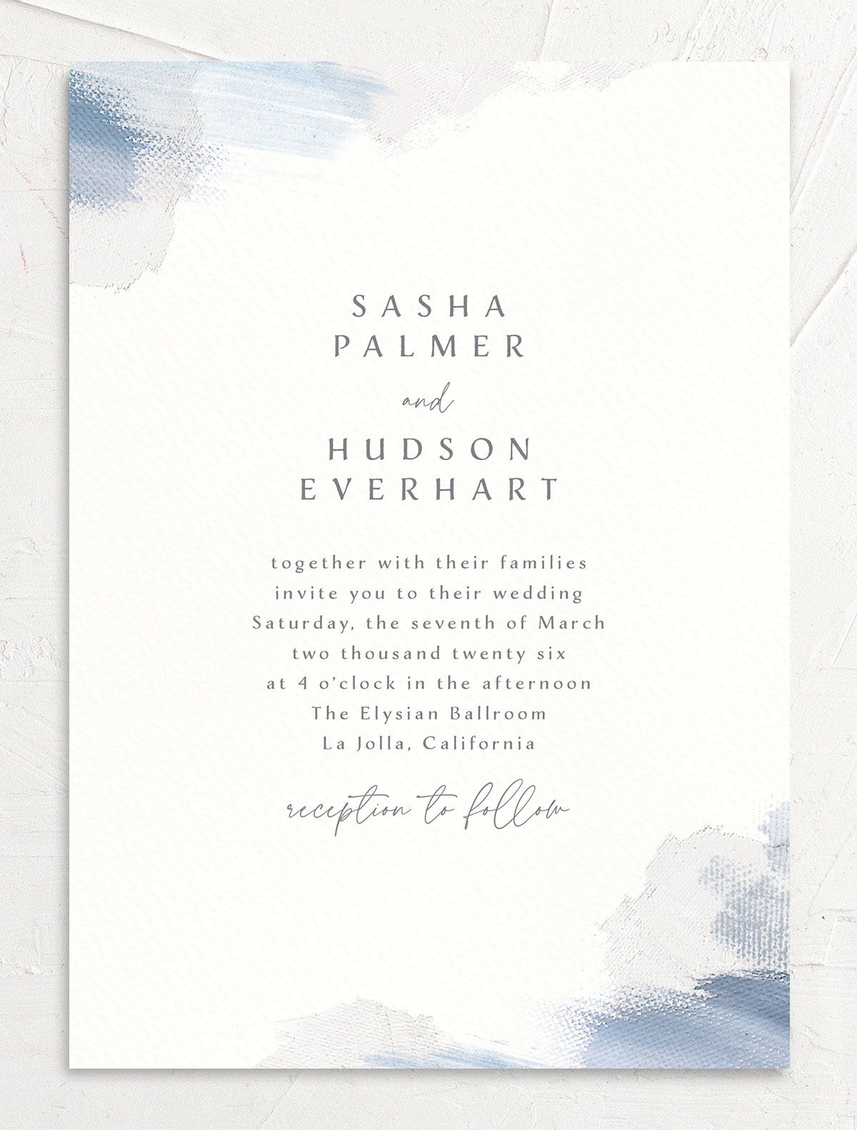 Painted Brushstroke Wedding Invitations front in French Blue