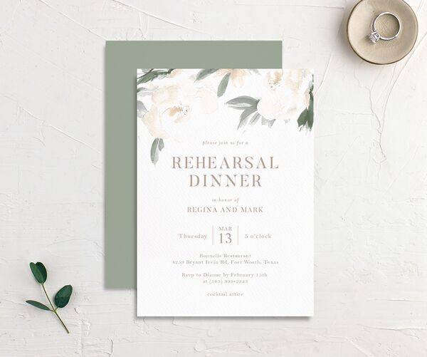 Floral Elegance Rehearsal Dinner Invites front-and-back in Green