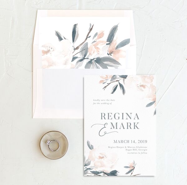Floral Elegance Save the Date Cards envelope-and-liner in French Blue