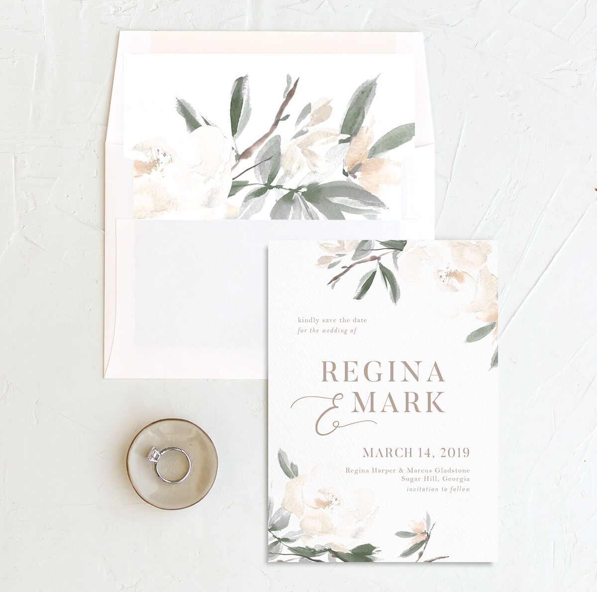 Floral Elegance Save the Date Cards envelope-and-liner in Jewel Green