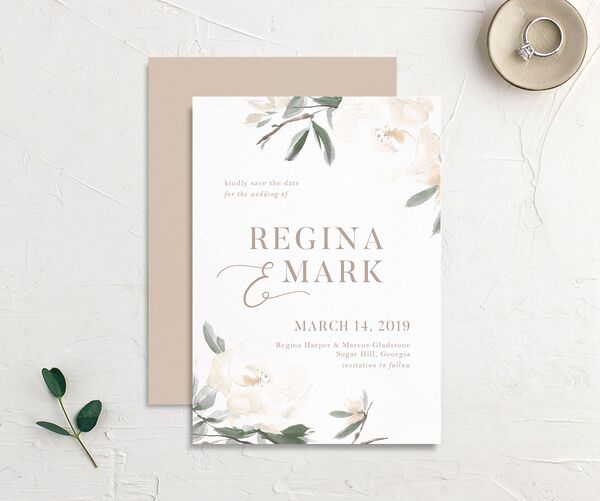 Floral Elegance Save the Date Cards front-and-back in Jewel Green
