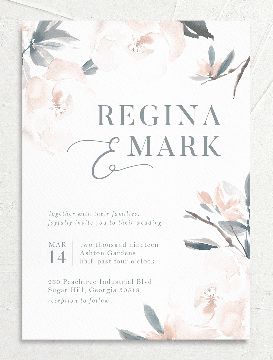 Floral Elegance Wedding Invitations front in French Blue