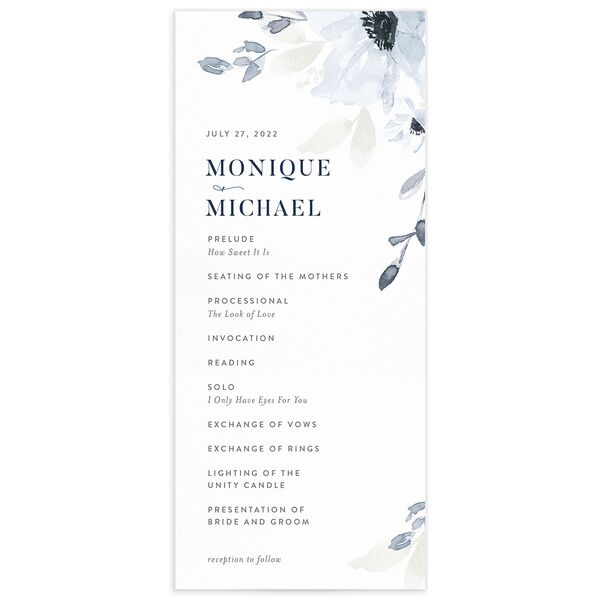 Watercolor Bloom Wedding Programs front in French Blue