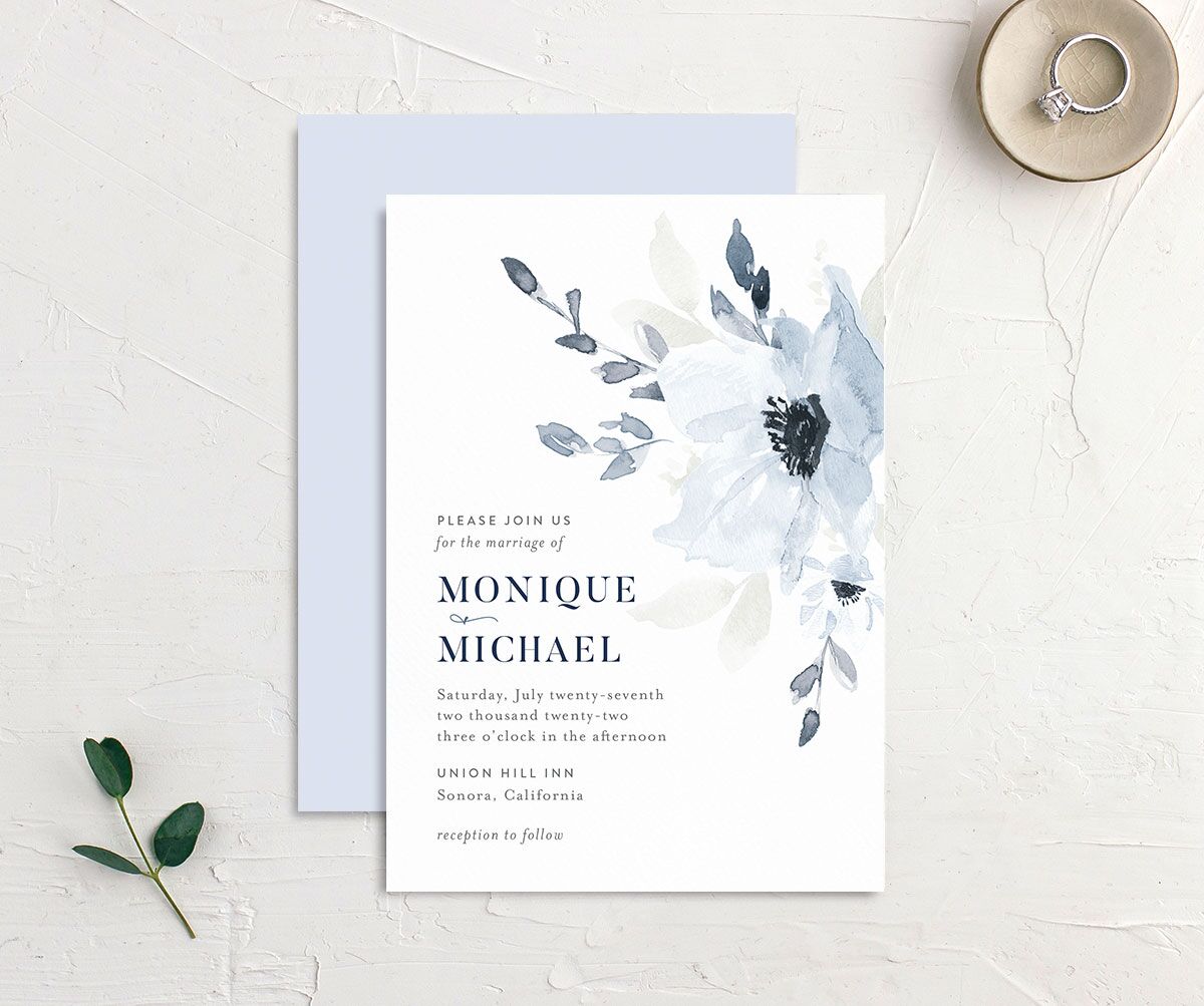 Watercolor Bloom Wedding Invitations front-and-back in French Blue