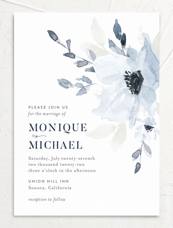 Watercolor Bloom Wedding Invitations front in French Blue