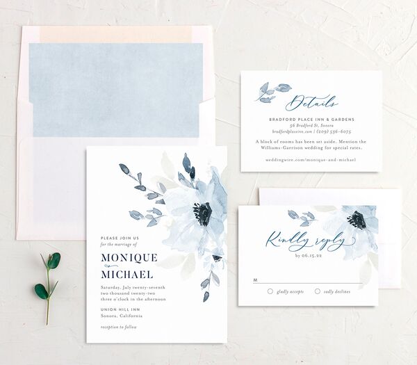 Watercolor Bloom Wedding Invitations suite in French Blue