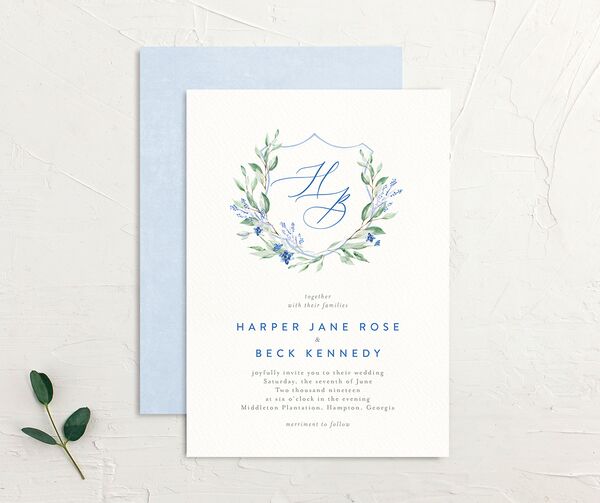 Rustic Emblem Bridal Shower Invitations front-and-back in French Blue