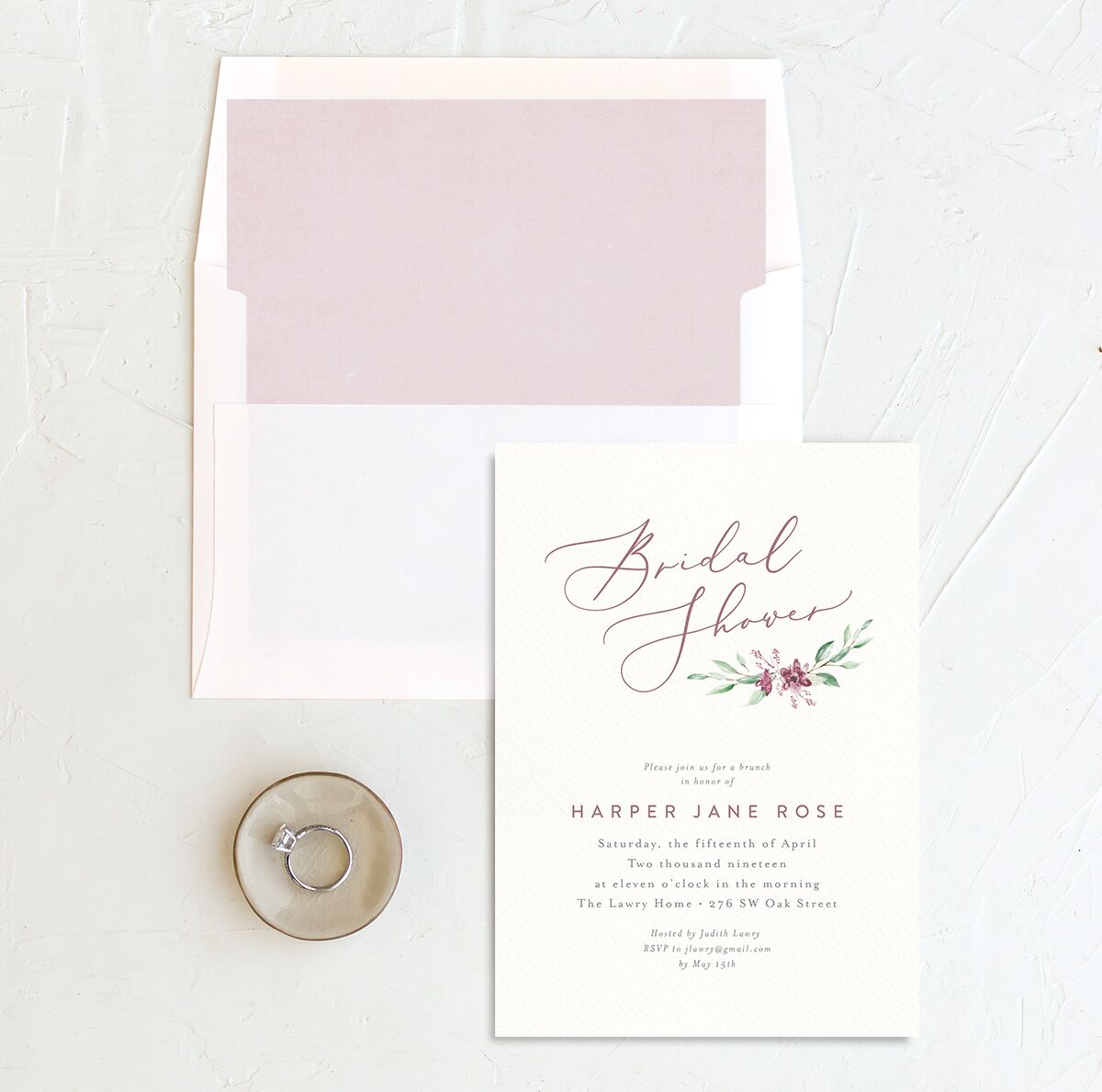 Rustic Emblem Bridal Shower Invitations envelope-and-liner in Rose Pink