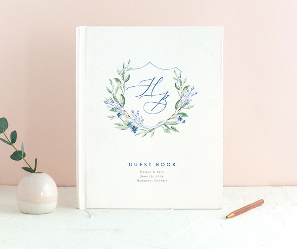 Rustic Emblem Wedding Guest Book front in French Blue